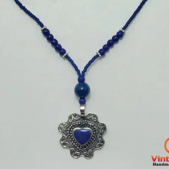 Blue Beaded Necklace with Silver Heart Lapis Pendant, Unique Beaded Necklace - Picture 8 of 11